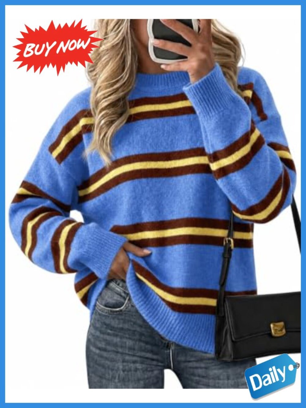 Womens Striped Long Sleeve Pullover Sweater Crew Neck Loose Knit Top